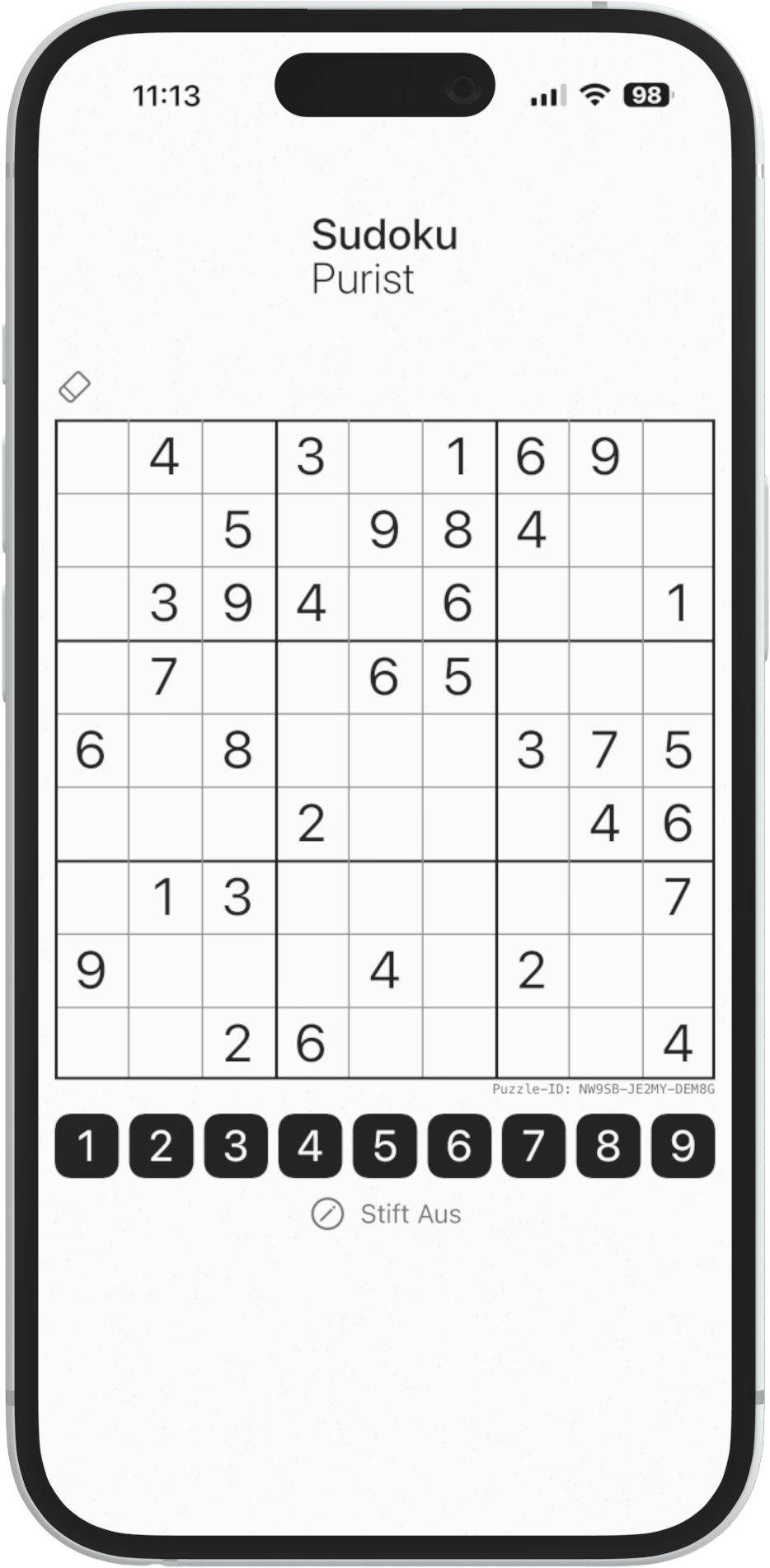 Sudoku Purist on iPhone — today&rsquo;s daily puzzle, black and white grid